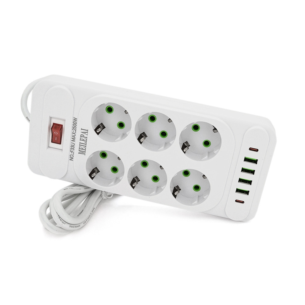 Мережевий фільтр F33U,6гн.EU+4 USB+2PD, 2м,3х0,75мм,2500W,White, Voltronic, Арт.56616