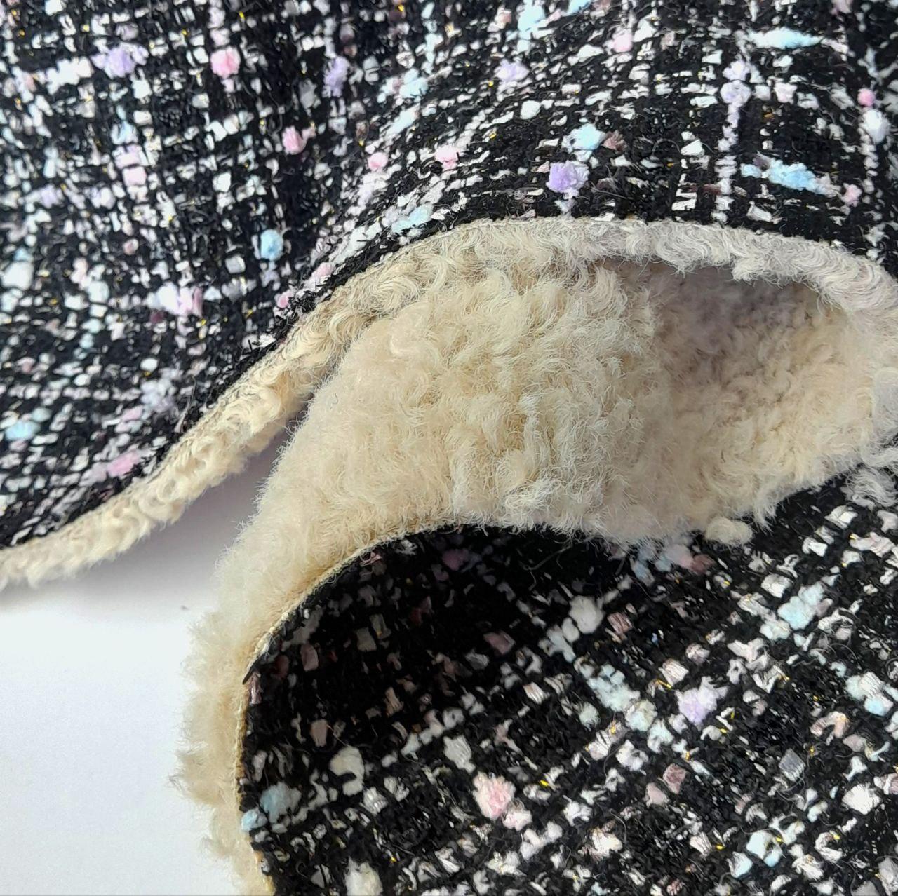 Твід чорний на бежевому штучному хутрі двосторонній, фото 1