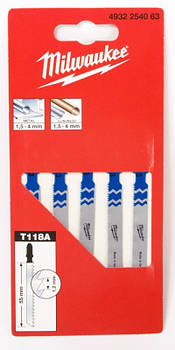 Полотна для лобзика T118A MILWAUKEE, 55мм/ крок зубу 1,2мм, (5шт), (універсальні)