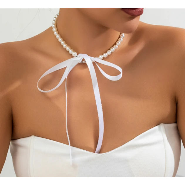 Чокер перли з білою стрічкою на шию прикраса кольє Fashion Jewerly