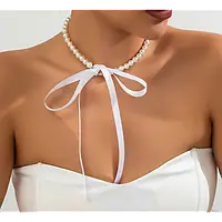 Чокер перли з білою стрічкою на шию прикраса кольє Fashion Jewerly