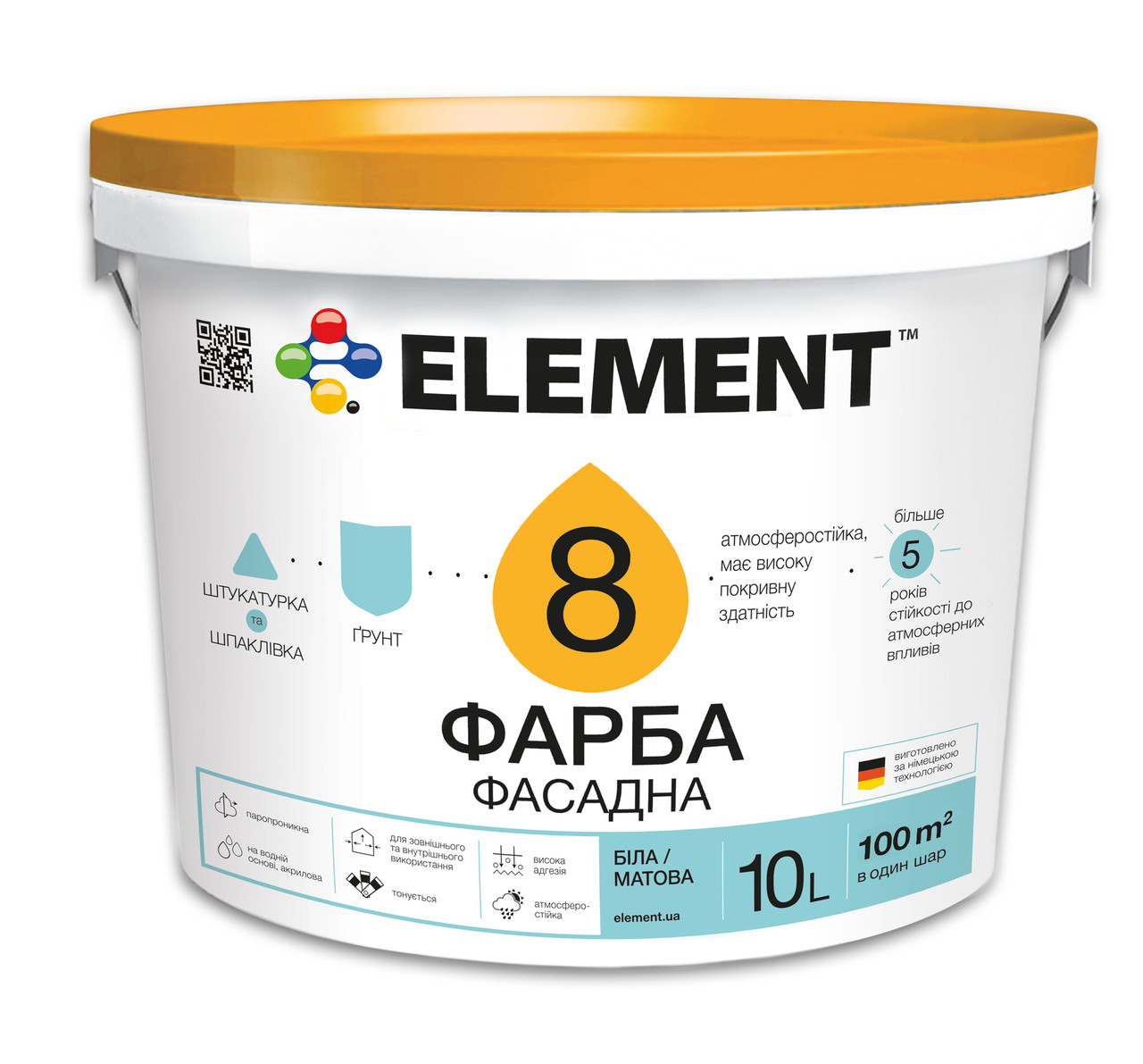 Фарба фасадна ELEMENT 8 воднодисперсійнра матова база А біла 10 л