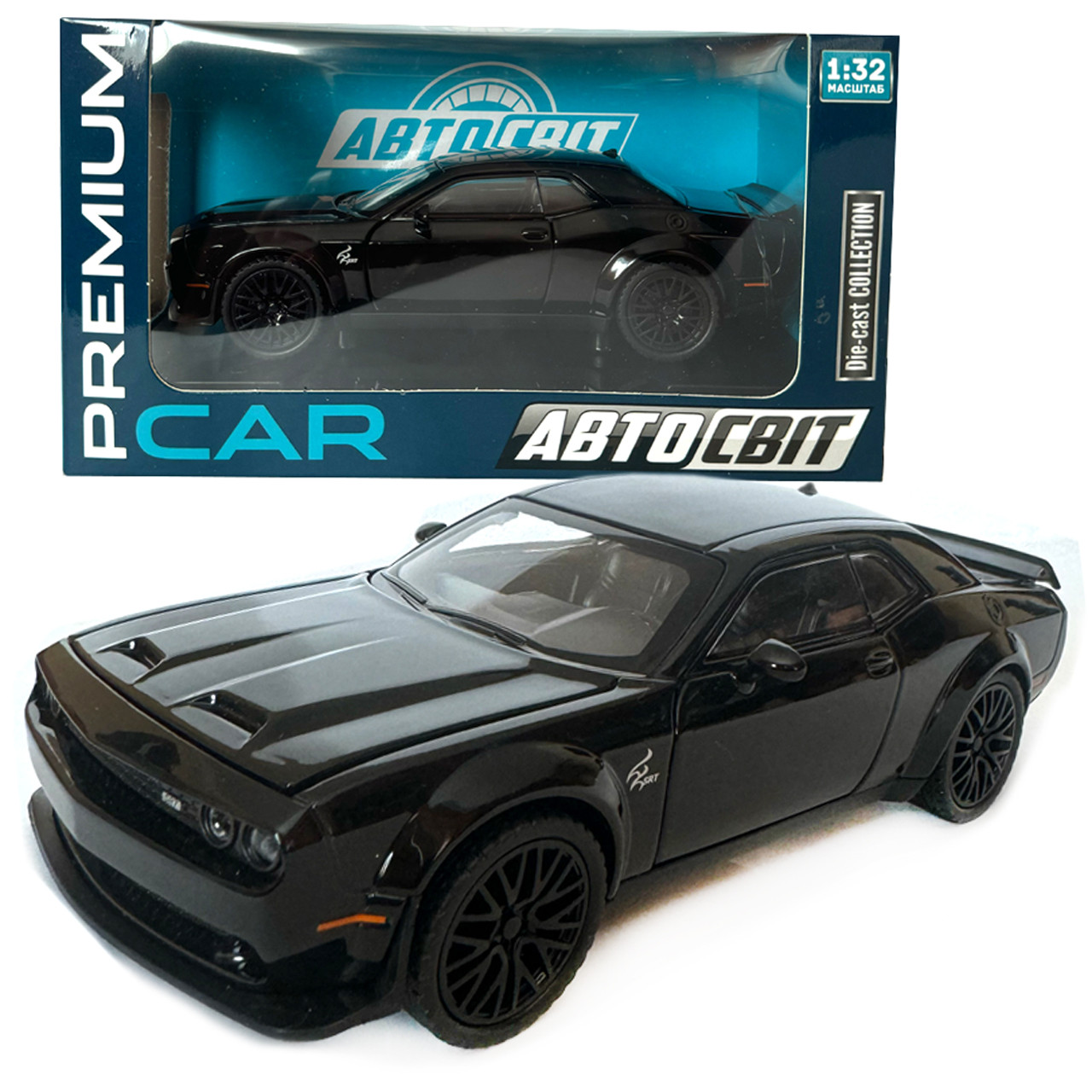 Машинка металева Dodge Challenger SRT Додж чорний звук світло відкр двері багажник капот Автосвіт 1:32, 16*7*5 см (AP-1992), фото 1