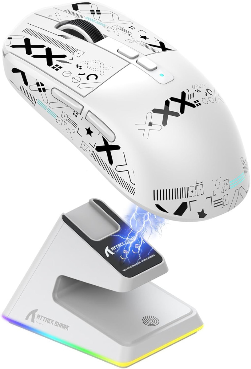 Ігрова портативна бездротова миша Attack Shark X6 PAW3395 із зарядною базою + протиковзкі наклейки Bluetooth Білий, фото 1