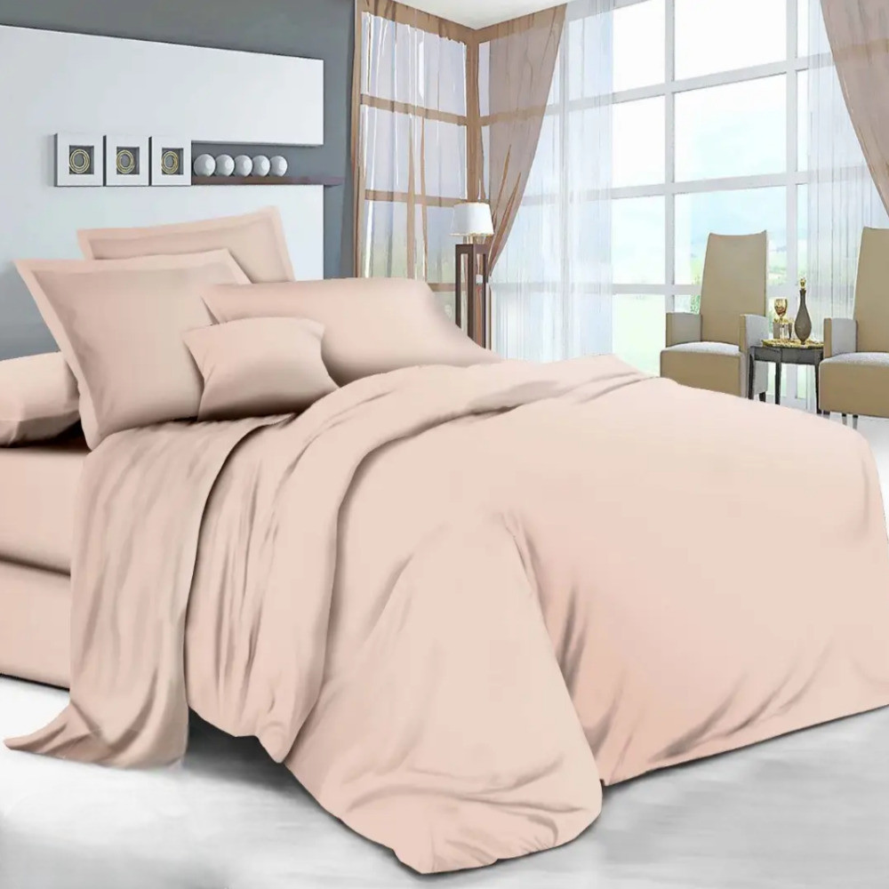 Сімейна постільна білизна на гумці пудрова (20711) Однотонна бавовняна з двома підковдрами, фото 1