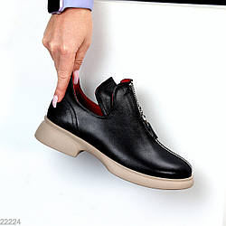 Дизайнерські чорні шкіряні туфлі на блискавці, натуральна шкіра на бежевій підошві