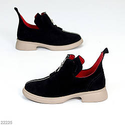 Дизайнерські чорні замшеві туфлі на блискавці, натуральна замша на бежевій підошві