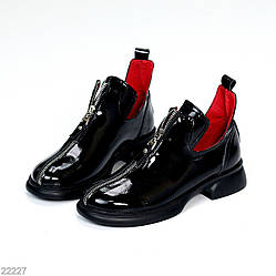 Дизайнерські чорні глянцеві лакові туфлі на блискавці, натуральна шкіра, низький хід