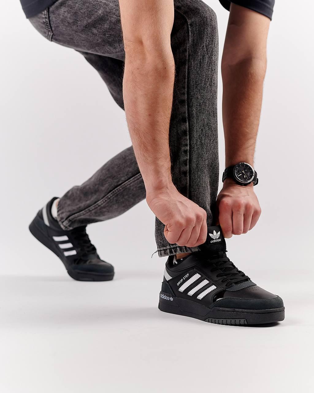 Чоловічі шкіряні кросівки Adidas Originals Drop Step All Black White, кеди чоловічі Адідас чорне Чоловіче взуття, фото 1