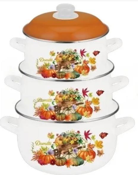 Набір глибоких емальованих каструль із кришками, фото 1