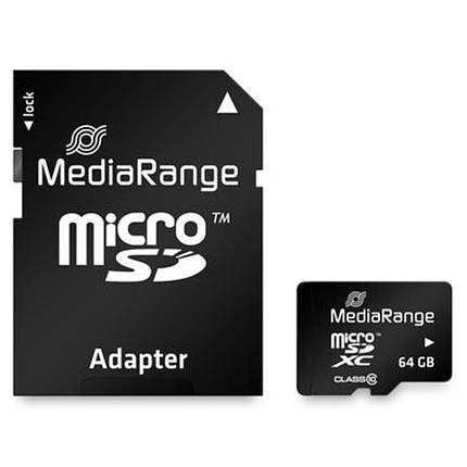 Картка пам'яті MicroSDHC 64 GB Class 10 MediaRange R60/W15MB/s + SD-adapter (MR955), фото 1