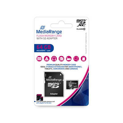 Картка пам'яті MicroSDHC 64 GB Class 10 MediaRange R60/W15MB/s + SD-adapter (MR955), фото 4