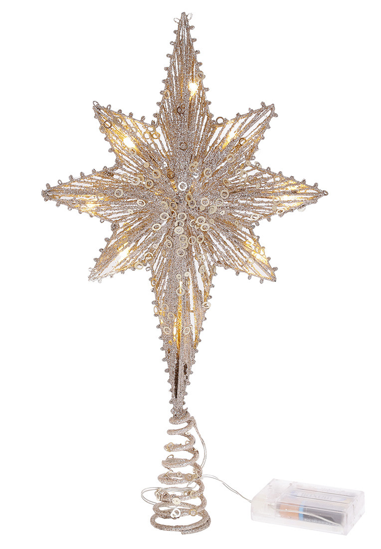 Верхівка на ялинку з підсвічуванням Зірка (10 LED лампочок від батарейок 2AA), 40см, колір -шампань