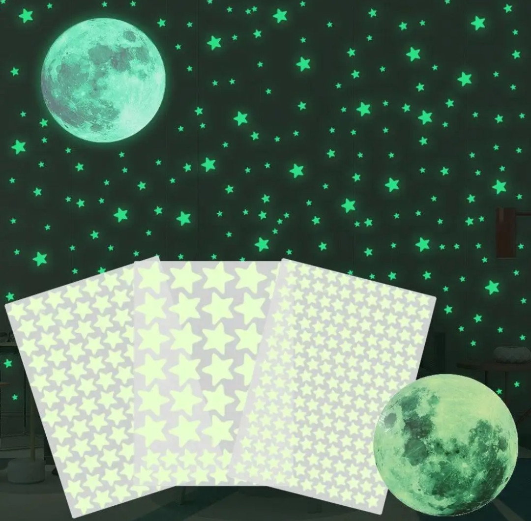 Наклейка на стіну світиться в темряві Місяць 20 см і зірки 333 шт Б222-5