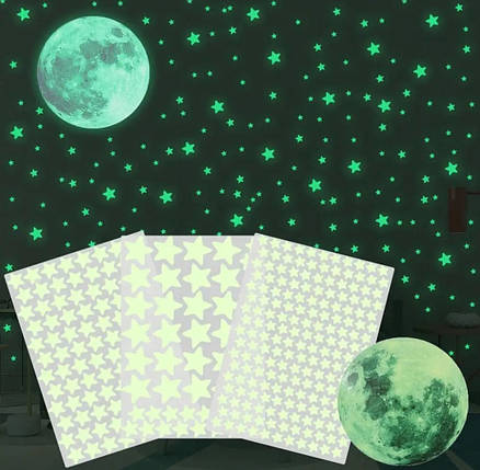 Наклейка на стіну світиться в темряві Місяць 20 см і зірки 333 шт Б222-5, фото 1