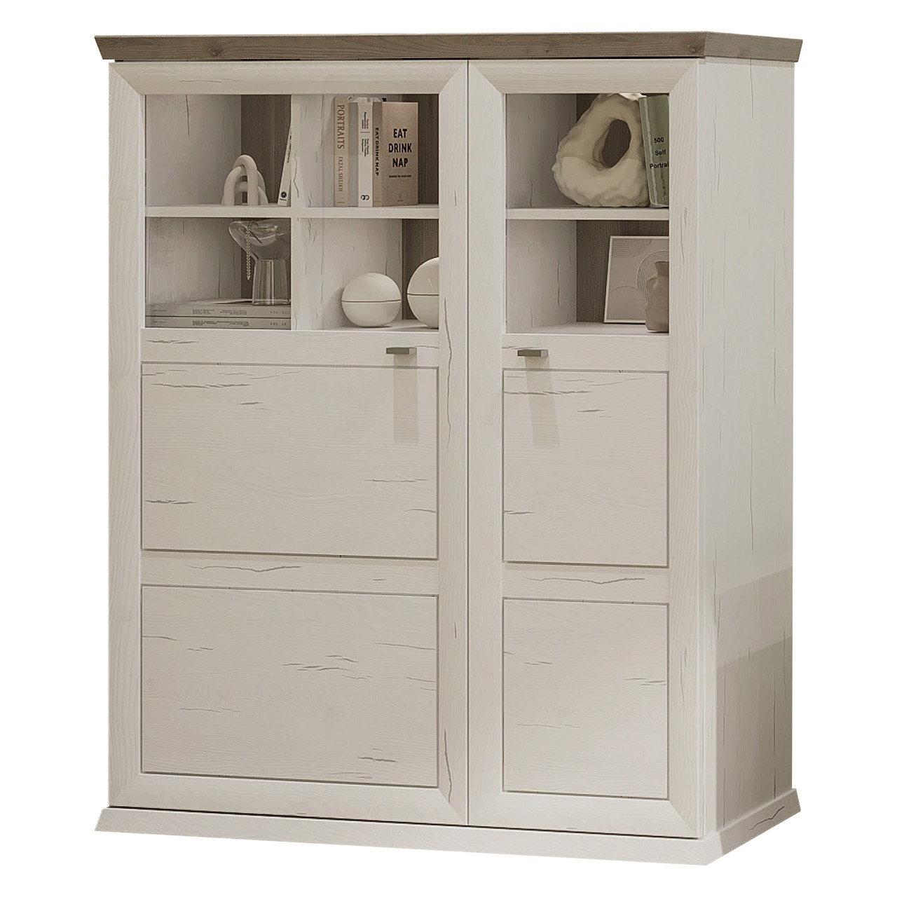 Білий високий комод 110 см 2Д зі склом з дверцятами для посуду книг з підсвіткою прованс у вітальню Орегон Сокме