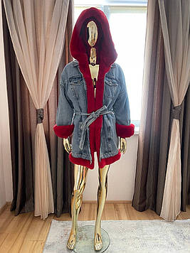 куртка джинс із капюшоном, хутро кролика всередині