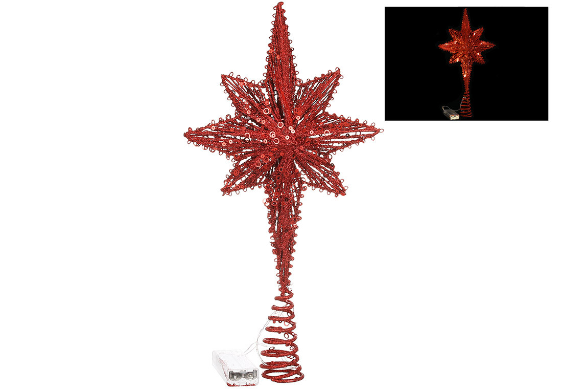 Верхівка на ялинку з підсвічуванням Зірка (10 LED лампочок від батарейок 2AA) 40см, колір - червоний