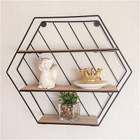 Декоративная полка в стиле Loft, шестиугольник, МДФ/металл на 3 уровня, 35x9x30,5 см