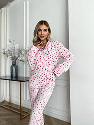 Жіноча Муслінова піжама СОРОЧКА+ШТАНЦІ ЧЕРВОНІ СЕРЦЯ НА РОЖЕВОМУ