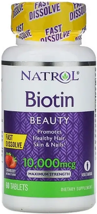 Біотин для волосся Natrol Biotin Beauty 10,000 mcg 60 таб полуниці, фото 1