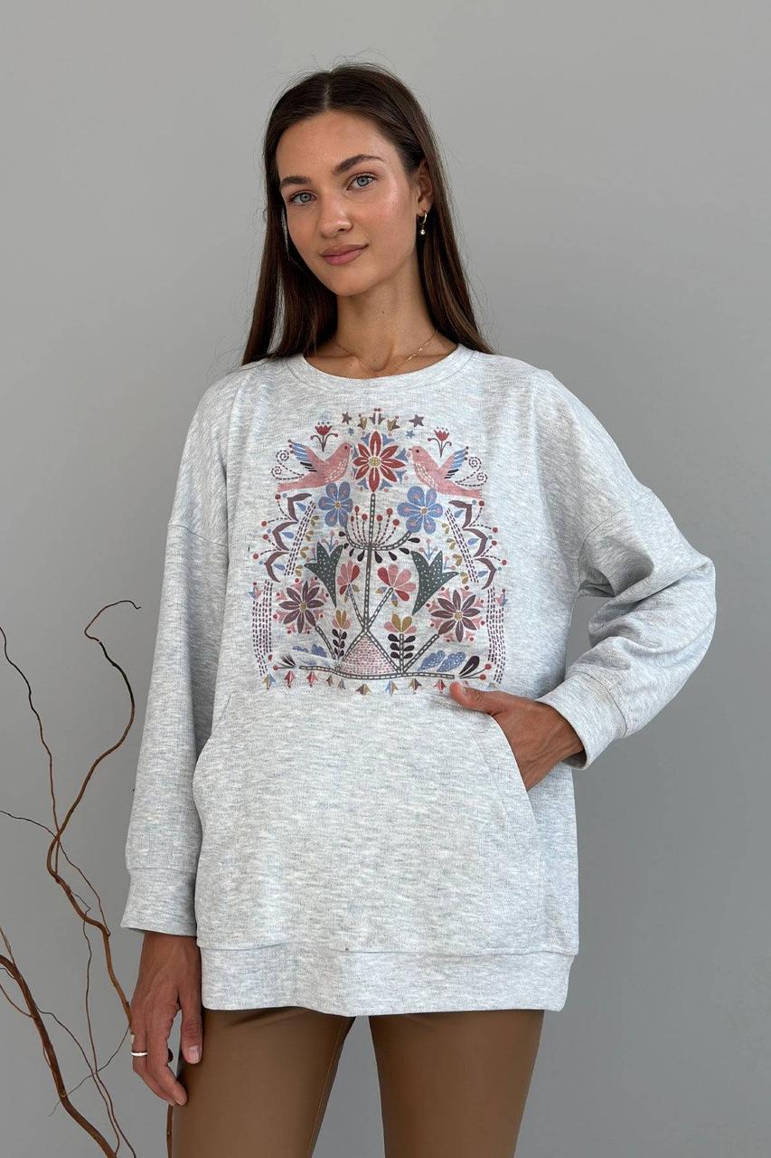 Теплий світшот оверсайз з орнаметом в етно-стилі 44-50 розміри сірий меланж, фото 1