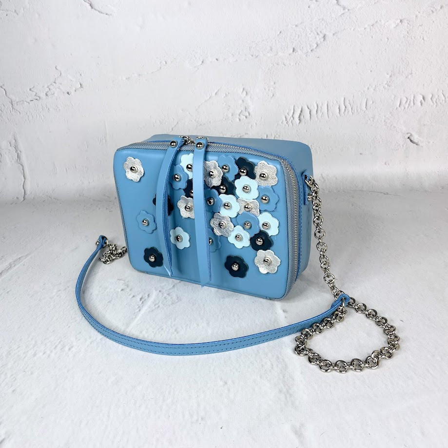 Сумка жіноча "КВАДРО" натуральна шкіра, блакитна з квітами, фото 1