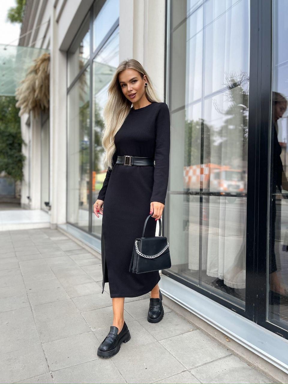 Вишукана стильна базова однотонна сукня-міді зі шкіряною вставкою на флісі "Aris"р.44-60, фото 1