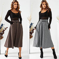 Женские юбки - 1705-бу - Трендовая женская юбка-миди принт гусиная лапка осень-весна