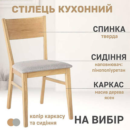 Стілець кухонний дерев'яний з ясена зі спинкою стільці на кухню для кафе у вітальню з м`яким сидінням Міка, фото 1