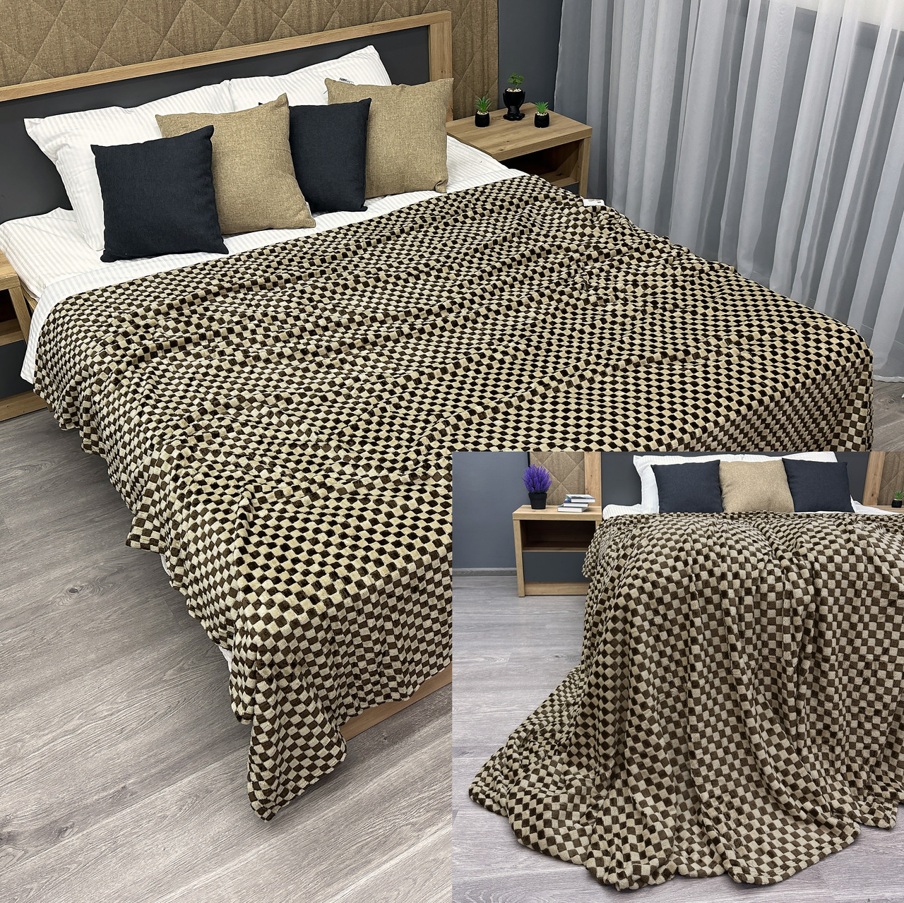 Плед-покривало 200х210 см (+-5см) Шахи Венге з бежевим (87-035), фото 1