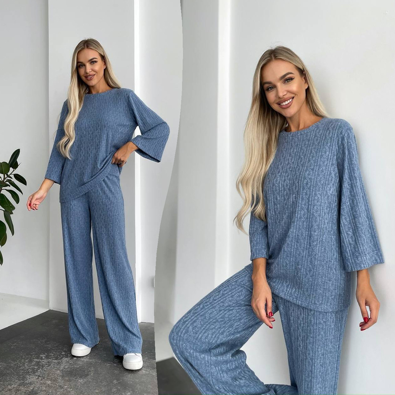 Синій жіночий утеплений костюм з ангори в косичку: вільна кофта та прямі штани, фото 1