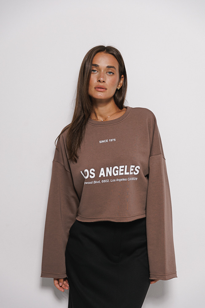 Жіночий укорочений світшот з принтом Los Angeles шоколадний (size1)