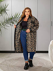 Стильна довга флісова сорочка-кардиган в лео принт, широкого фасону, батал великі розміри