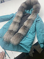 Жіночий зимова парка, куртка бірюзова з натуральним хутром блюфрост, 42-60 розміри