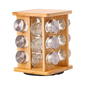 Набір ємностей на дерев'яній підставці 12 баночок для спецій по 100 мл