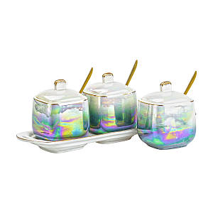 Керамічний набір баночок 3 шт по 300 мл для спецій з кришками і ложками на підставці райдужний