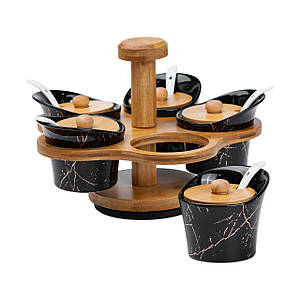 Набір баночок для спецій і соусів із кришками та ложками на дерев'яній підставці 5 шт по 120 мл білий