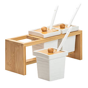 Набір банок для для спецій і сипучих продуктів по 150 мл 3 штуки на бамбуковій підставці білий