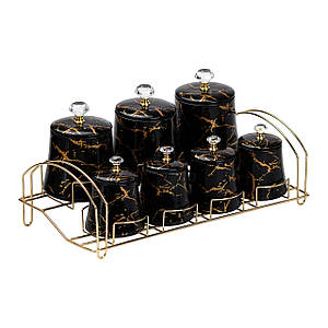 Набір баночок для для спецій і сипучих продуктів 600/250 мл 7 шт на металевій підставці чорний