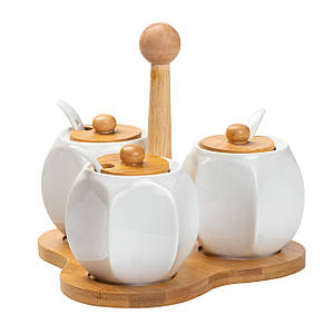 Набір керамічних баночок для спецій з ложками 3 штуки по 200 мл білий