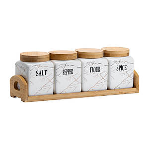 Набір баночок для спецій і сипучих продуктів з ложками 4 штуки по 300 мл з бамбуковою кришкою і підставкою білий