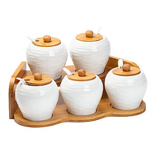 Набір банок для для спецій і сипучих продуктів по 250 мл 5 штук на бамбуковій підставці білий