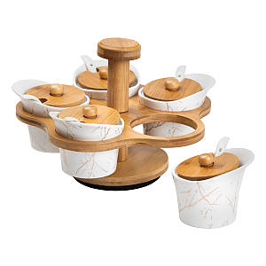 Набір баночок для спецій і сипучих продуктів з кришками і ложками на поворотній підставці 5 штук 120 мл білий