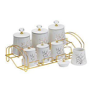 Набір баночок для спецій і сипучих продуктів на підставці 7 предметів 550/250 мл білий