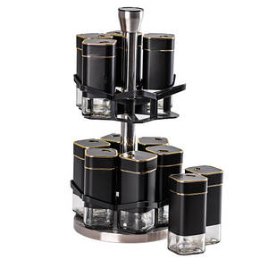 Набір ємностей на підставці 12 баночок для спецій по 120 мл чорний із золотом