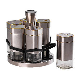 Набір ємностей на підставці 6 баночок для спецій по 120 мл хром із золотом