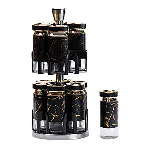 Набір ємностей для спецій 12 баночок по 120 мл на підставці чорний мармур