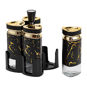 Набір ємностей для спецій 4 баночки по 120 мл на підставці чорний мармур