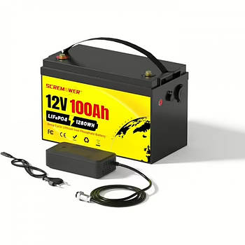 LiFePO4 Акумулятор 12V/100Ah SCREMOWER 200A BMS + зарядка для сонячних електростанцій для дому та квартири